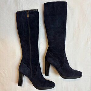 NWOB Duo Navy Blue Suede Knee High Block Heel Boots Size 37 (U.S. 6.5)
